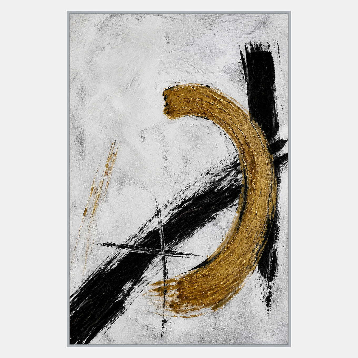 Hand-painted black and gold abstract with a sweeping textured metallic arc.