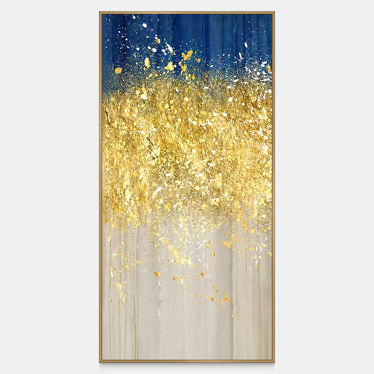 Gold toned flecks gather between deep blue and pale cream in a narrow vertical abstract.