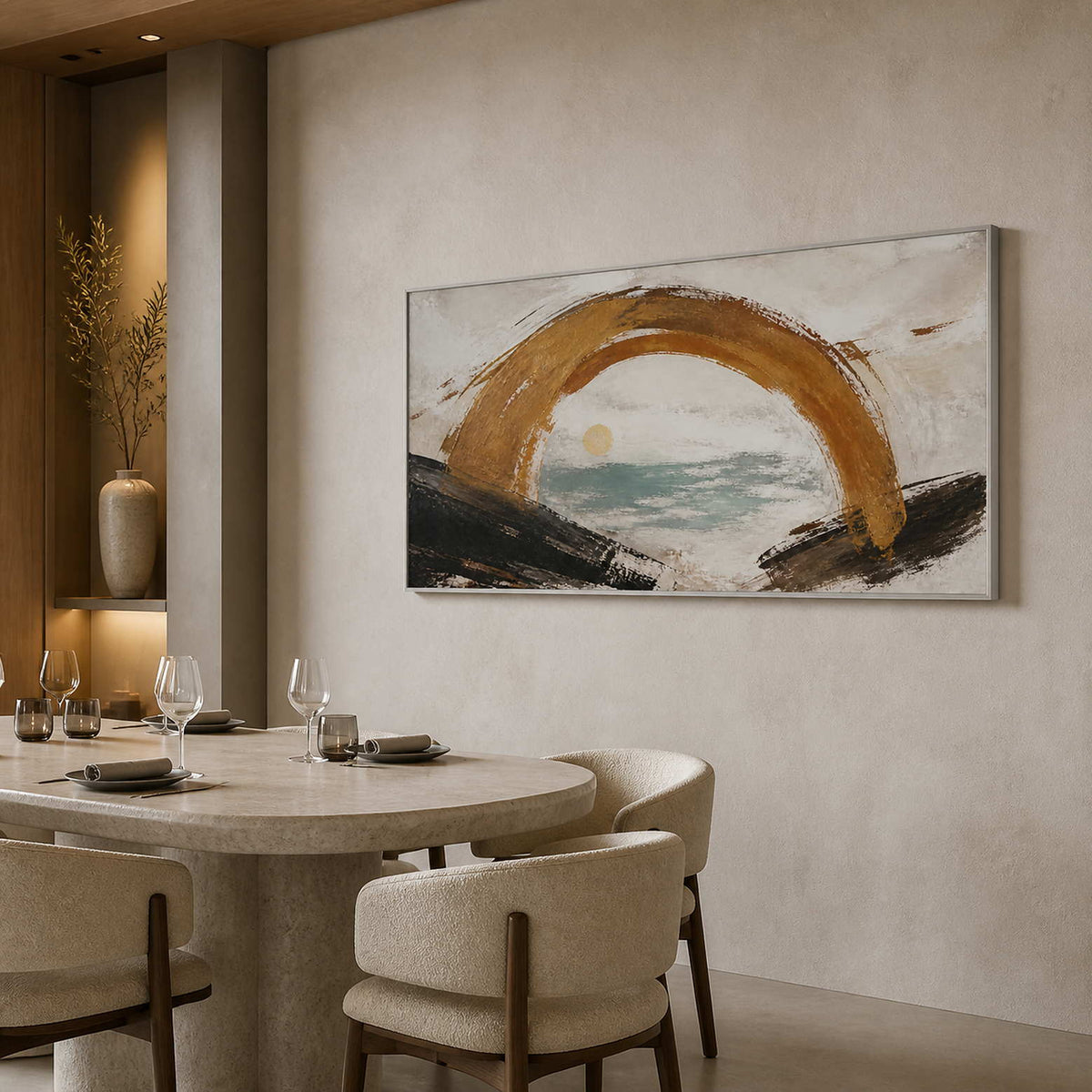 Gold and sea-glass abstract wall art displayed in a designer dining room.