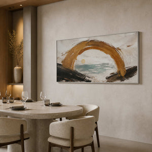 Gold and sea-glass abstract wall art displayed in a designer dining room.