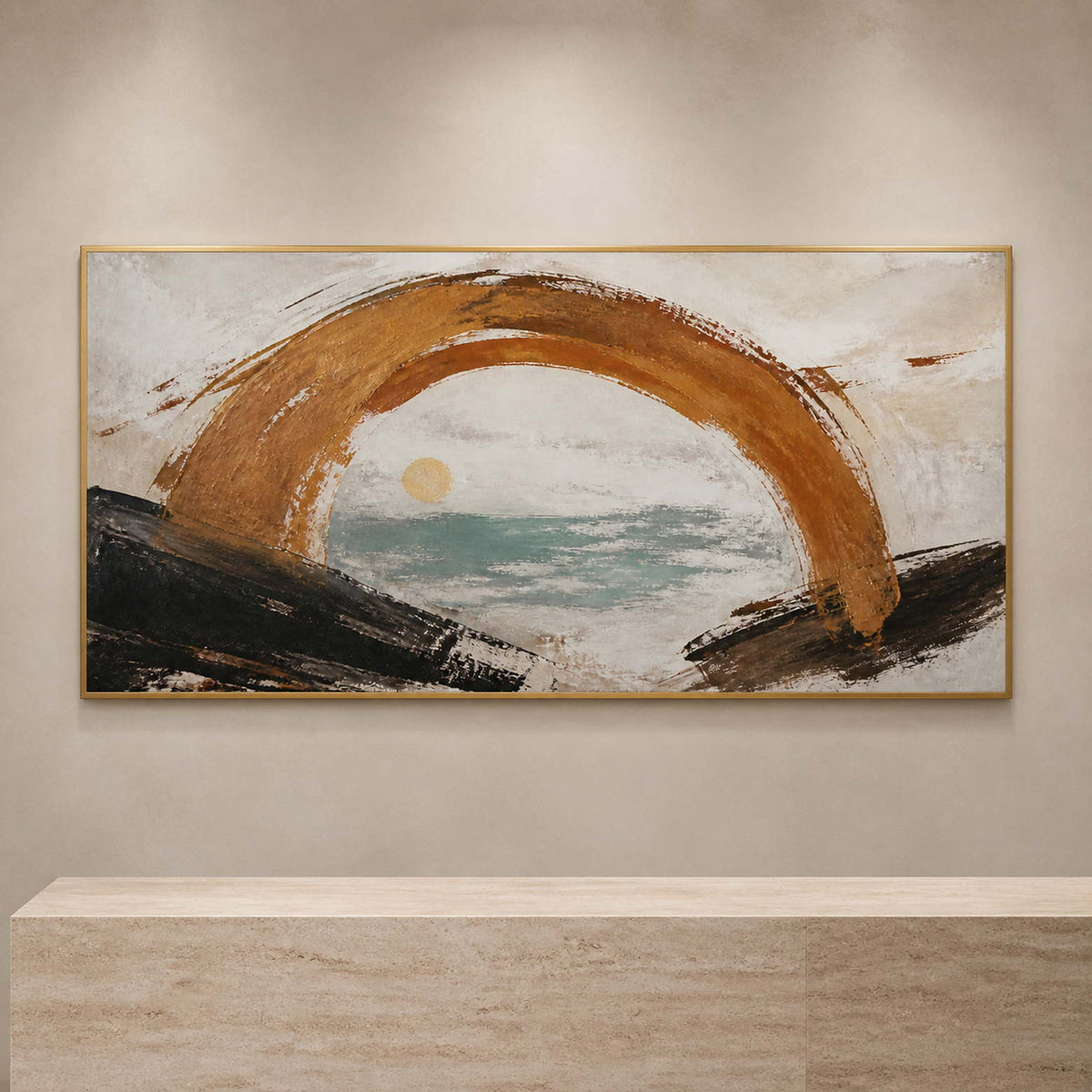 Gold coastal wall art displayed near a contemporary art gallery entrance.