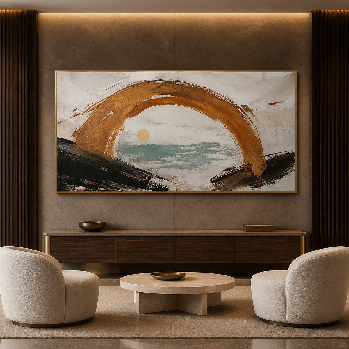 Textured gold coastal wall art displayed in a luxury hotel lounge.