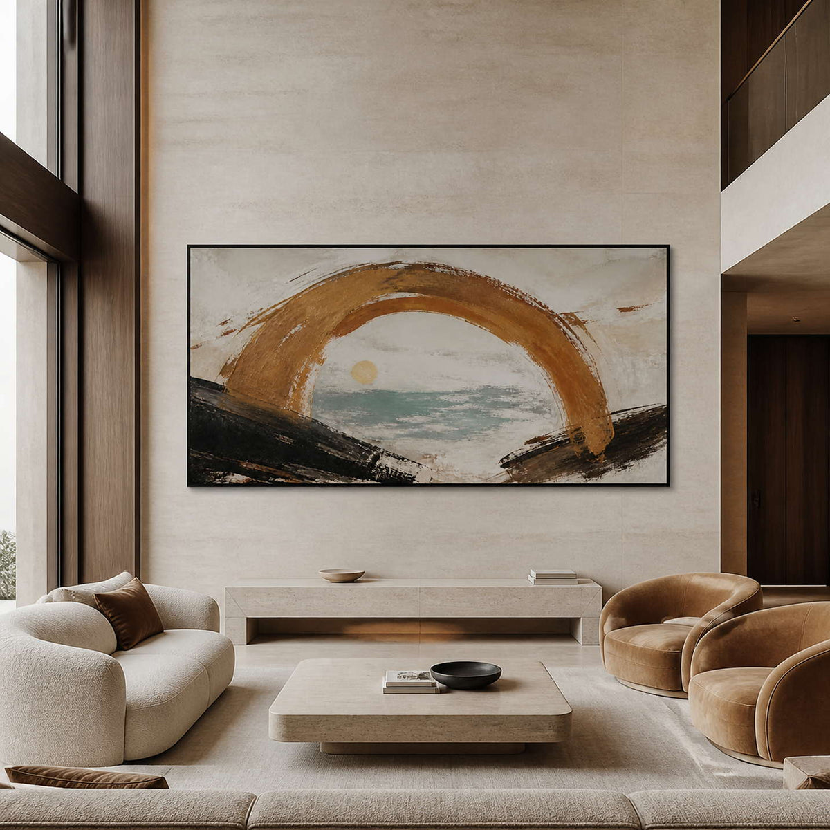 Panoramic gold coastal wall art displayed in a double-height modern living room.