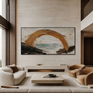 Panoramic gold coastal wall art displayed in a double-height modern living room.