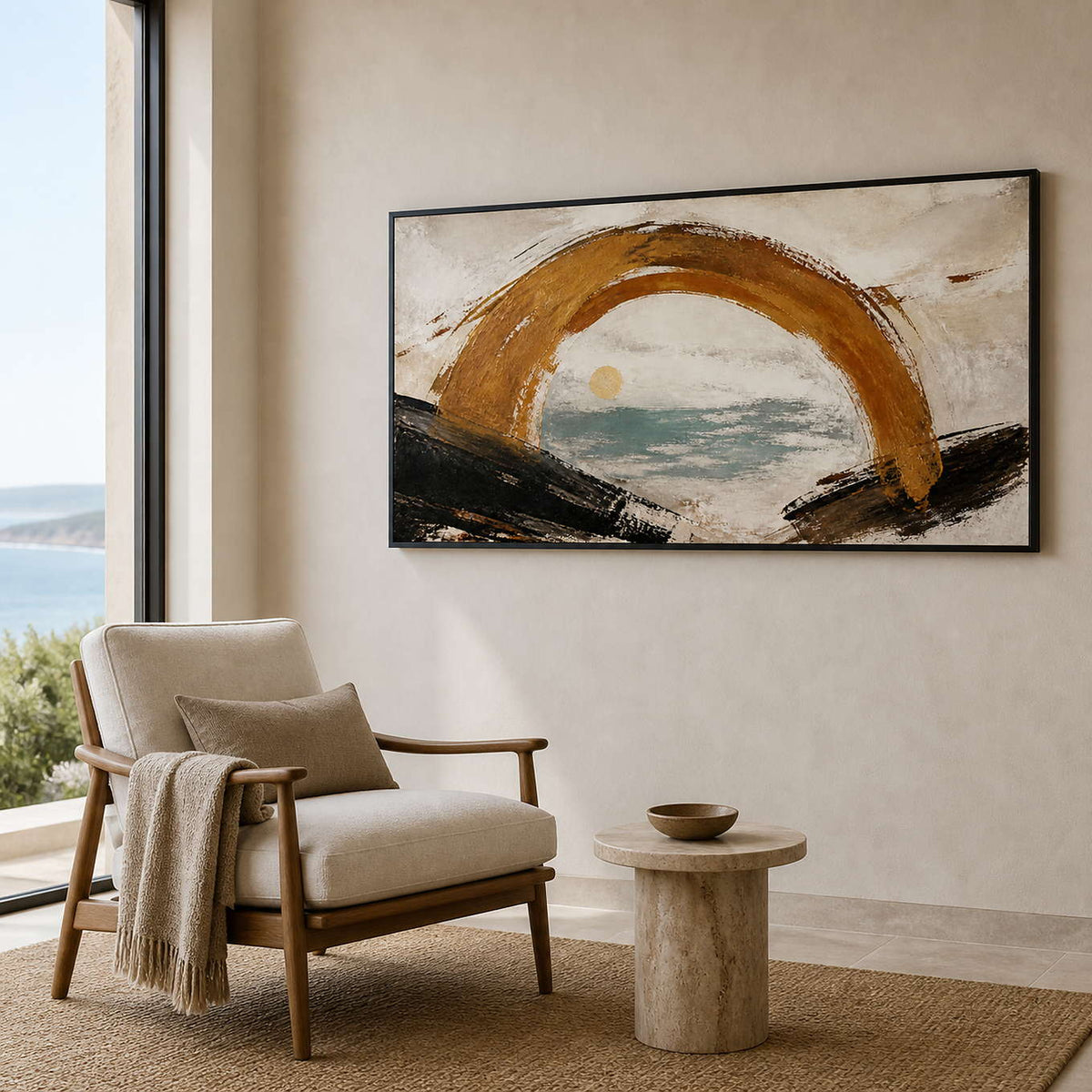 Coastal abstract wall art shown from the side in an ocean-view reading area.
