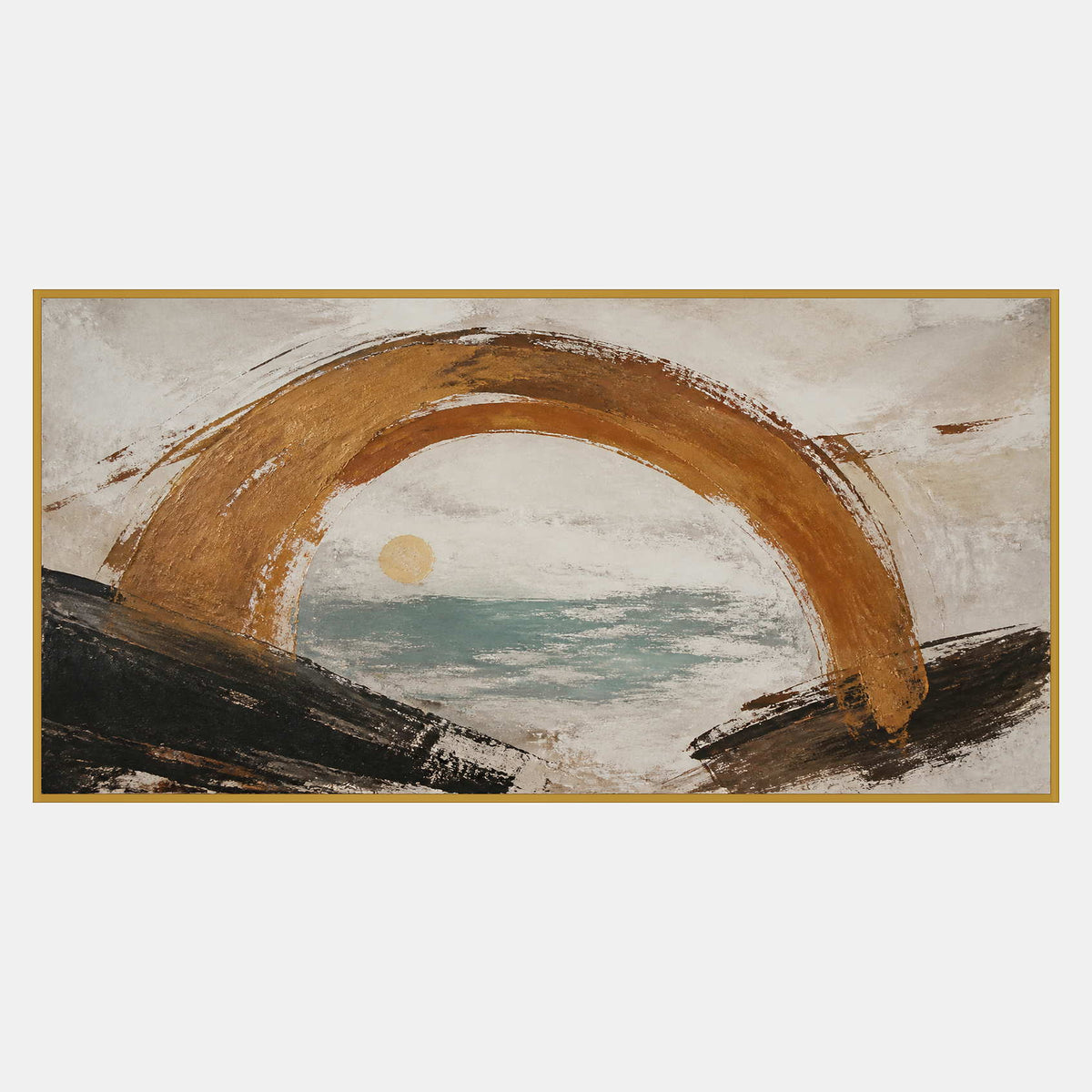 Hand-painted coastal abstract with a bronze arch sea-glass water and quiet sun.