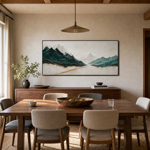 Emerald mountain wall art displayed in a warm contemporary dining room.