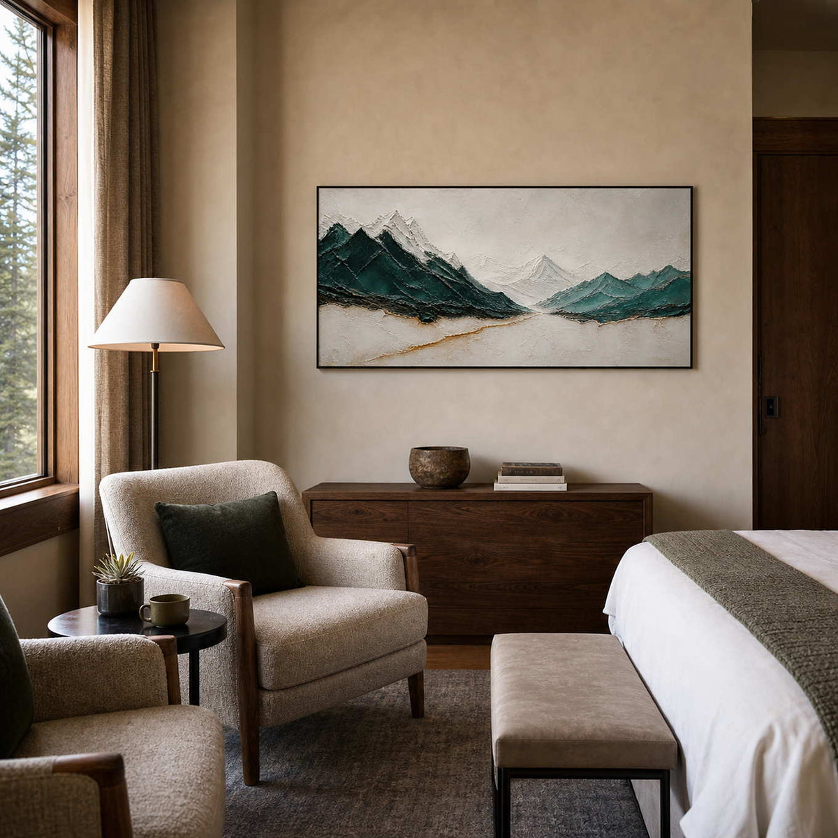 Emerald mountain wall art displayed in a boutique mountain hotel room.