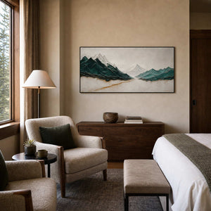 Emerald mountain wall art displayed in a boutique mountain hotel room.