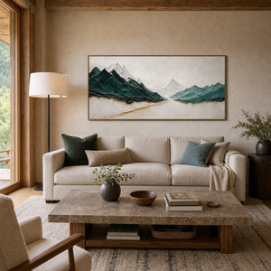 Panoramic textured mountain wall art displayed in a warm mountain-home living room.