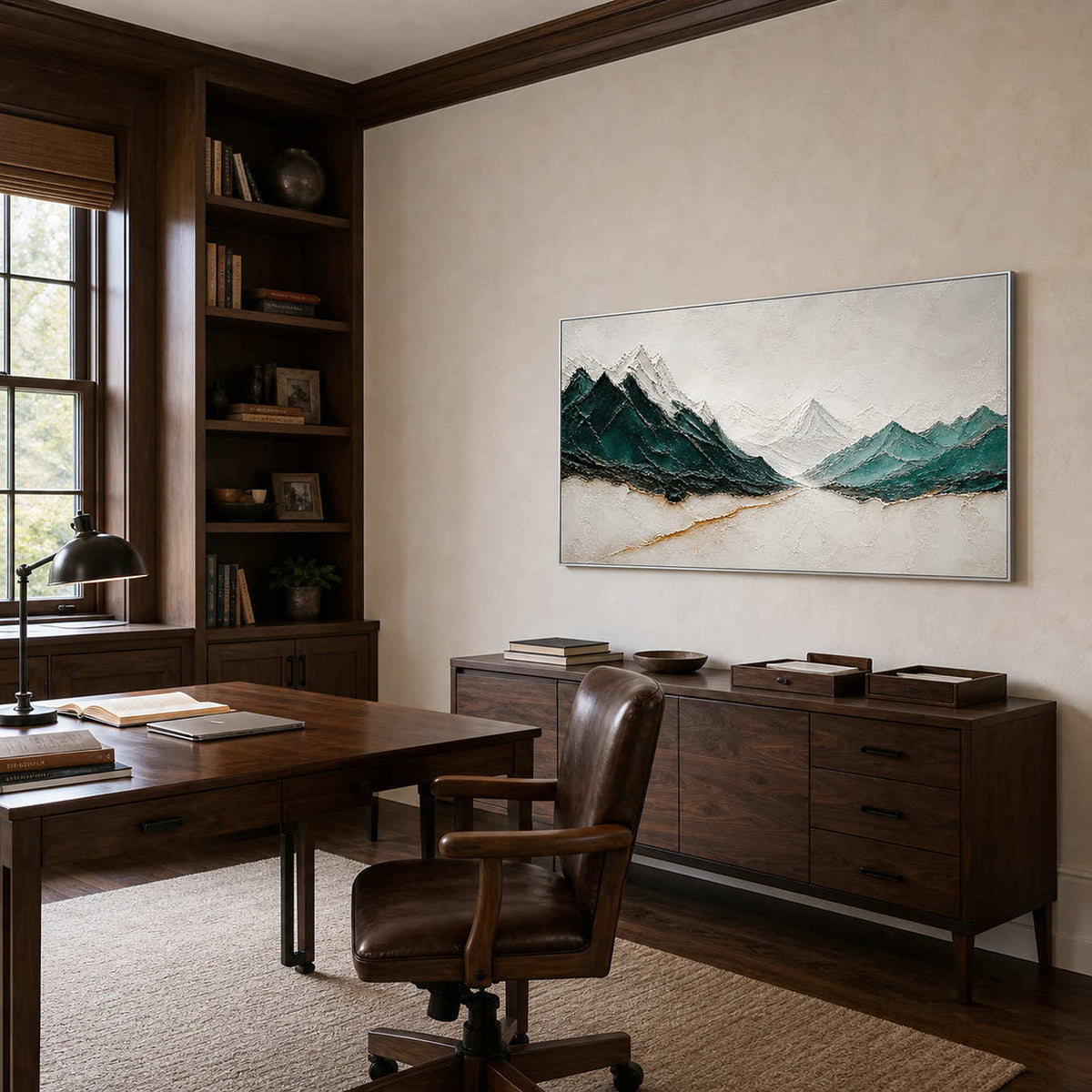 Emerald and ivory mountain wall art displayed in a dark-wood home office.