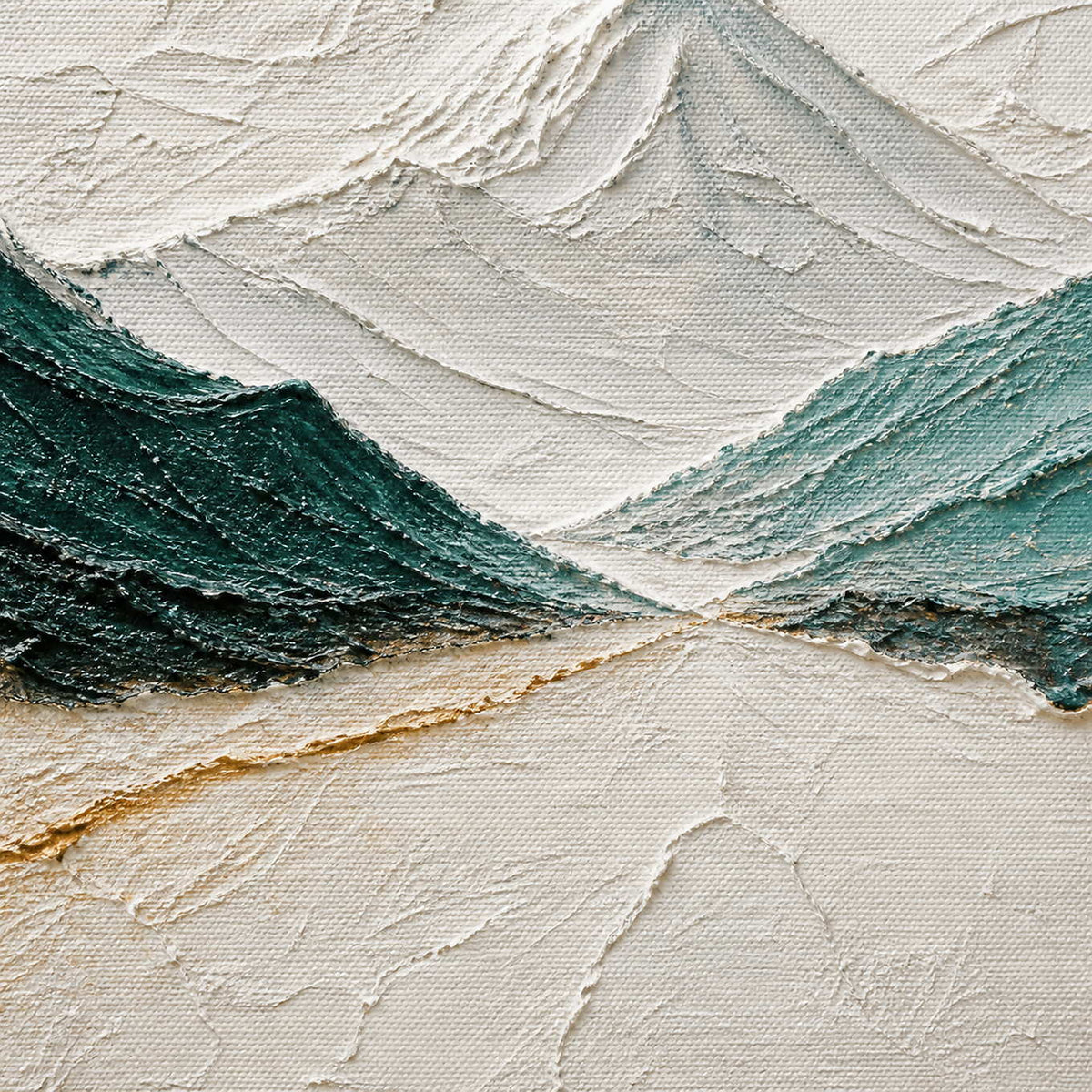 Close up of layered emerald, ivory, and gold palette-knife texture on canvas.