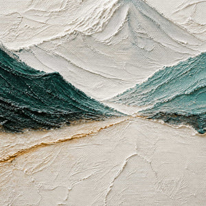 Close up of layered emerald, ivory, and gold palette-knife texture on canvas.