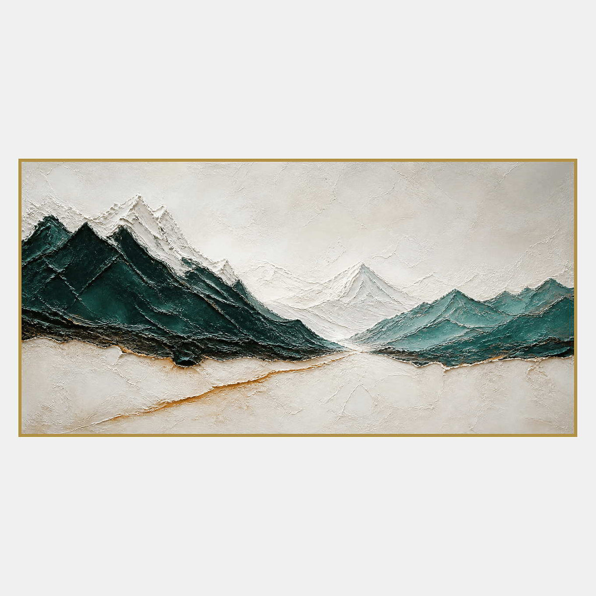 Hand-painted panoramic mountain wall art in emerald green, ivory, and gold.