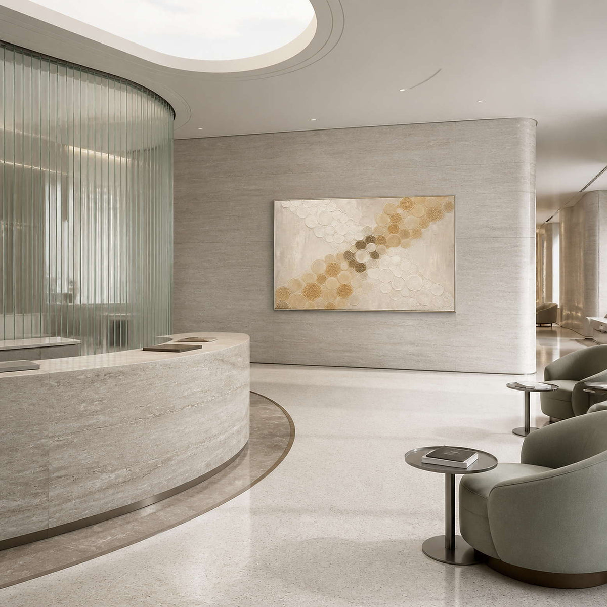 Golden circles crossing an ivory field wall art in a contemporary commercial lobby.