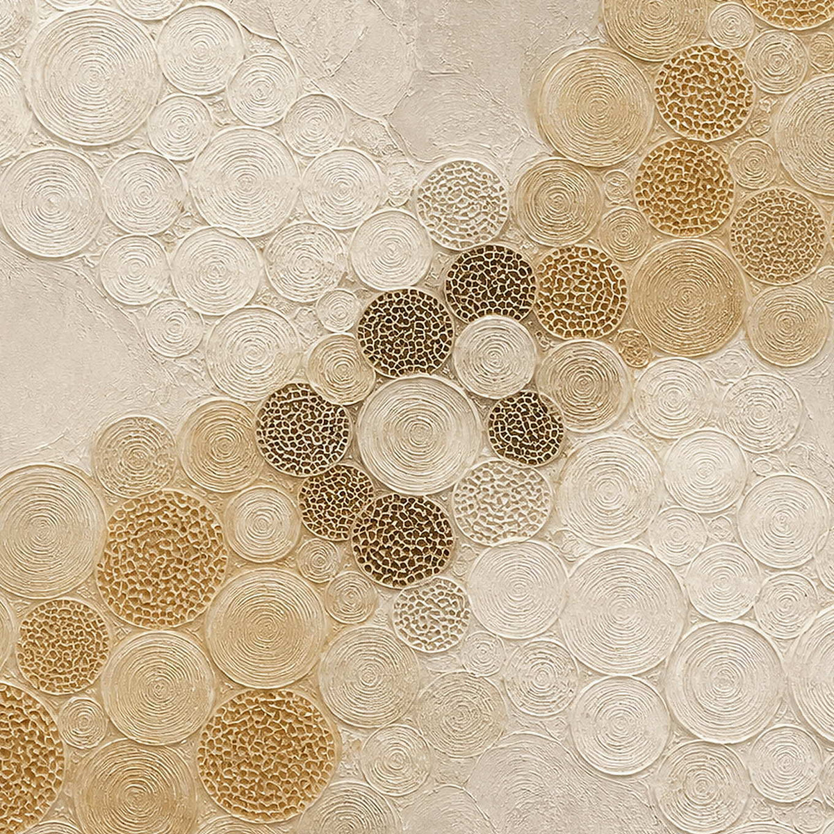 Close-up of the painted texture in golden circles crossing an ivory field.