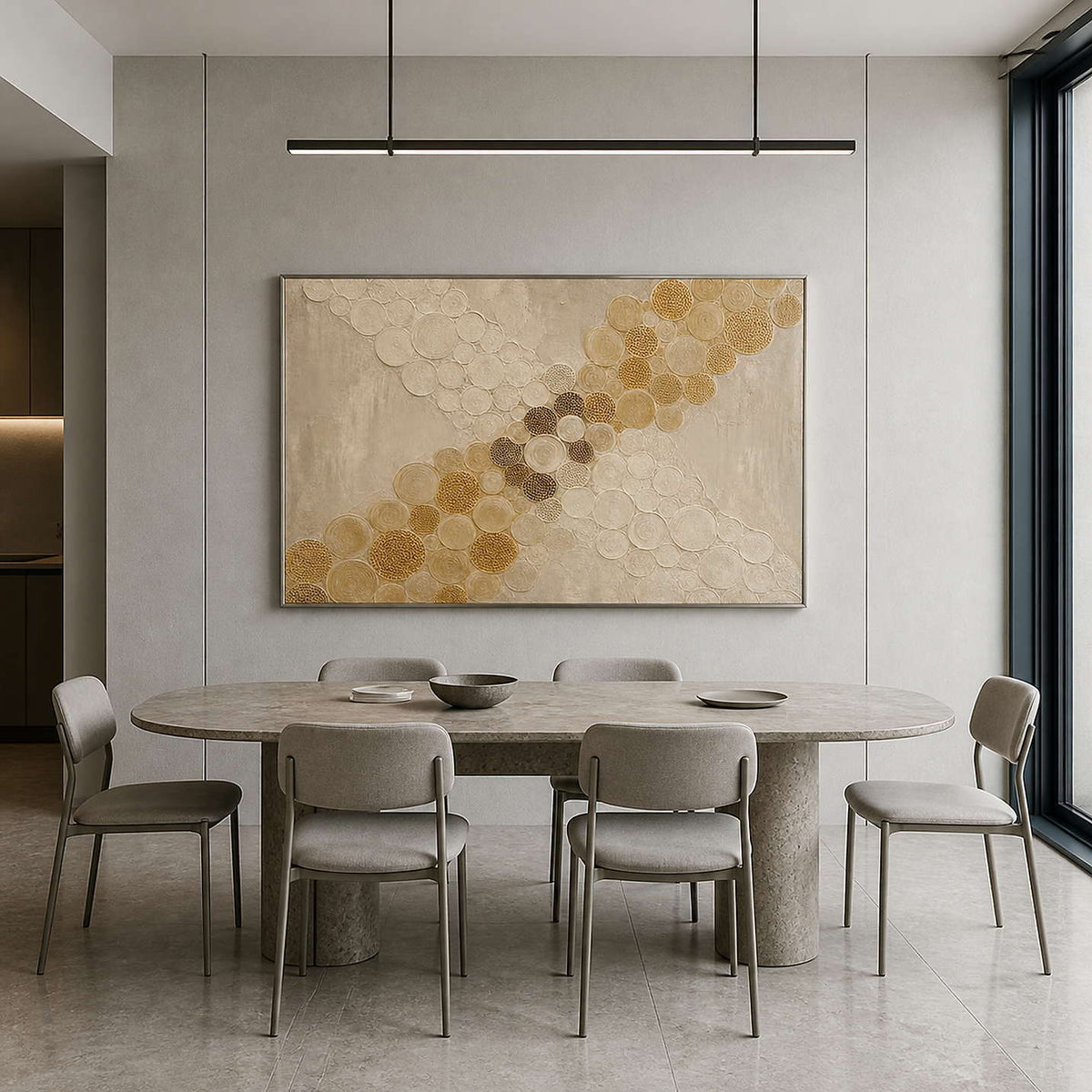Golden circles crossing an ivory field wall art in a contemporary dining room.