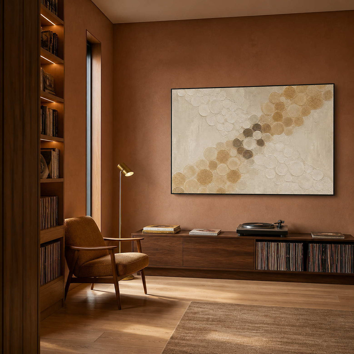 Golden circles crossing an ivory field wall art in a contemporary home office.
