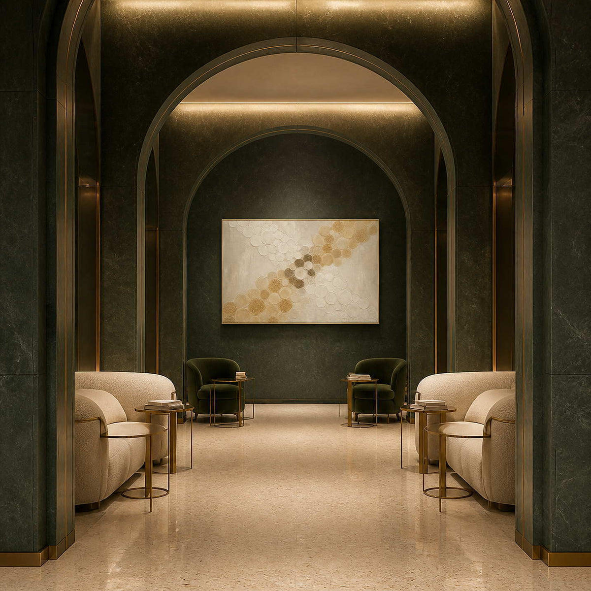 Golden circles crossing an ivory field wall art in a contemporary hospitality lounge.