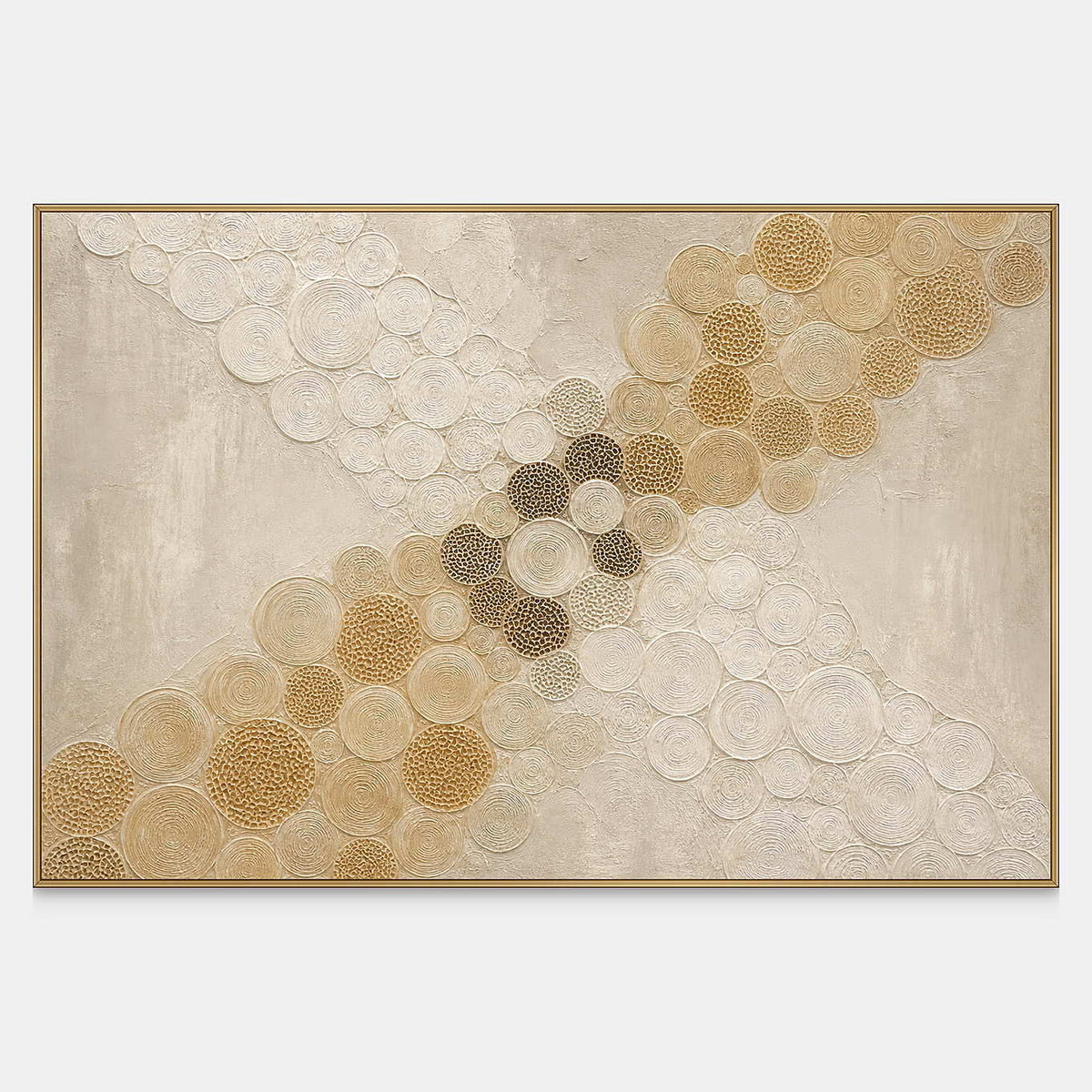 Hand-painted golden circles crossing an ivory field canvas with raised texture.