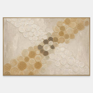Hand-painted golden circles crossing an ivory field canvas with raised texture.