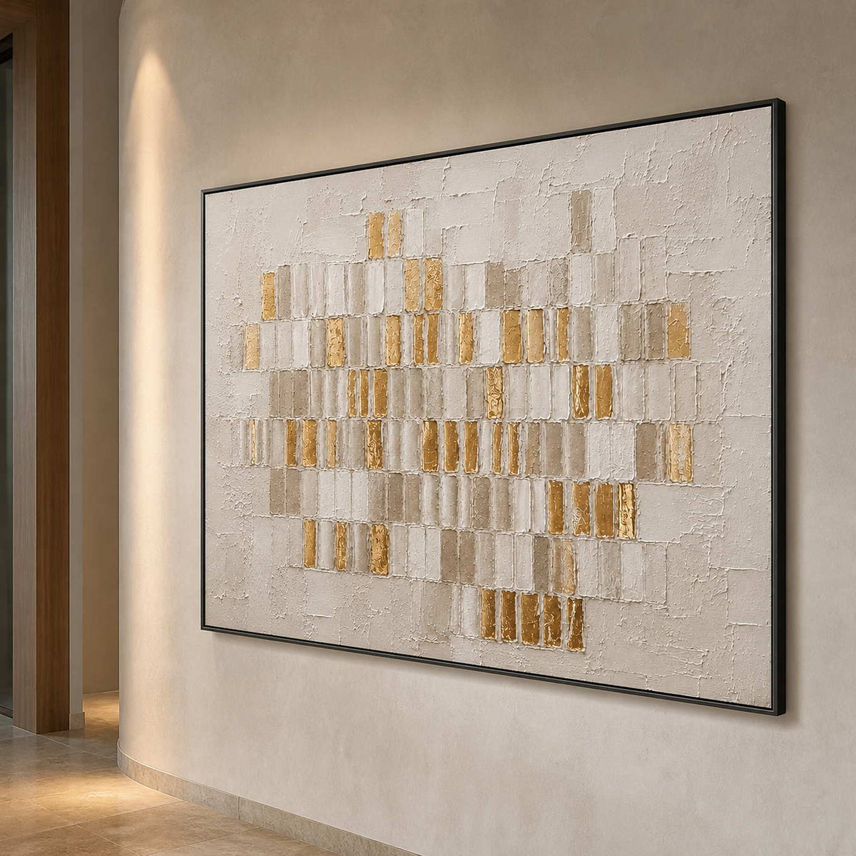 Horizontal textured abstract wall art shown from the side in a limewash art corridor.