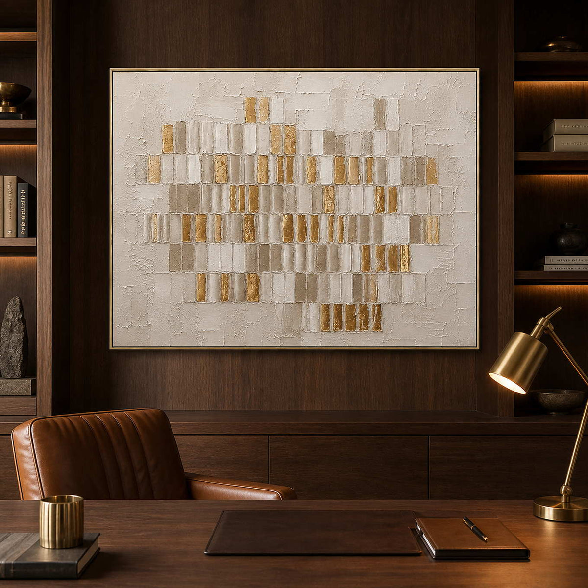 White and gold abstract wall art displayed in a dark coffee home office.