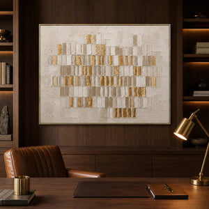White and gold abstract wall art displayed in a dark coffee home office.