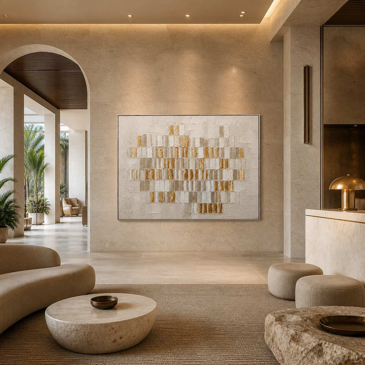 Textured geometric wall art displayed in a sandstone boutique hotel lobby.