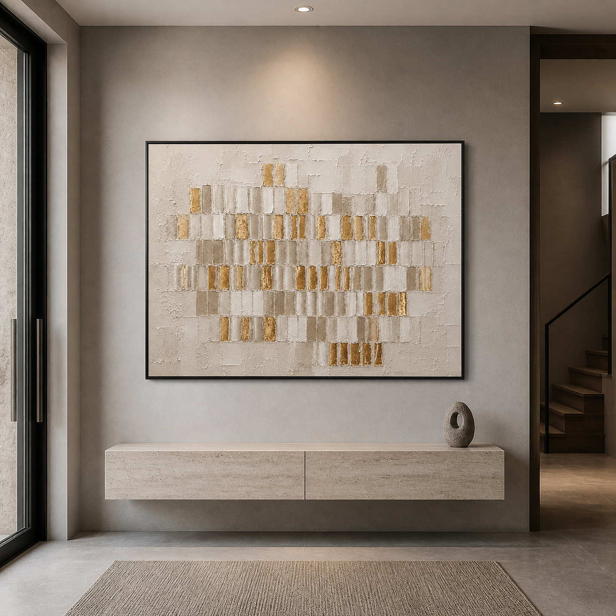 Horizontal geometric wall art displayed in a warm gray modern entryway.
