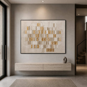 Horizontal geometric wall art displayed in a warm gray modern entryway.
