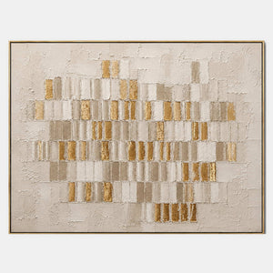 Hand-painted white, stone, and gold geometric abstract with raised palette-knife texture.