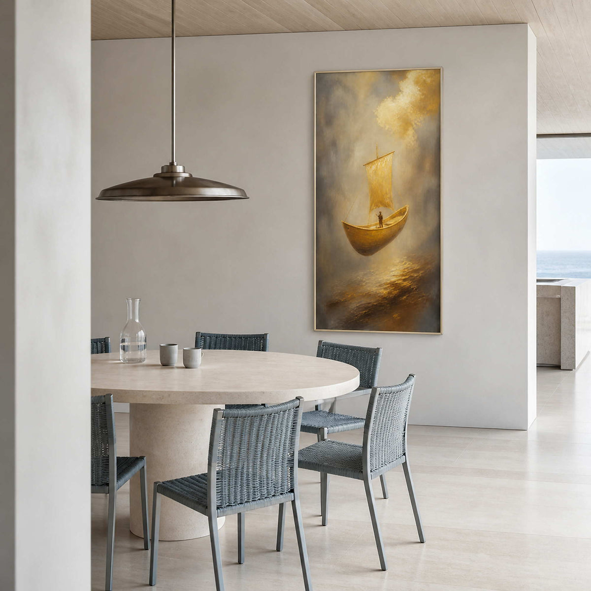 Luminous coastal sailboat artwork in a bright seaside dining room.
