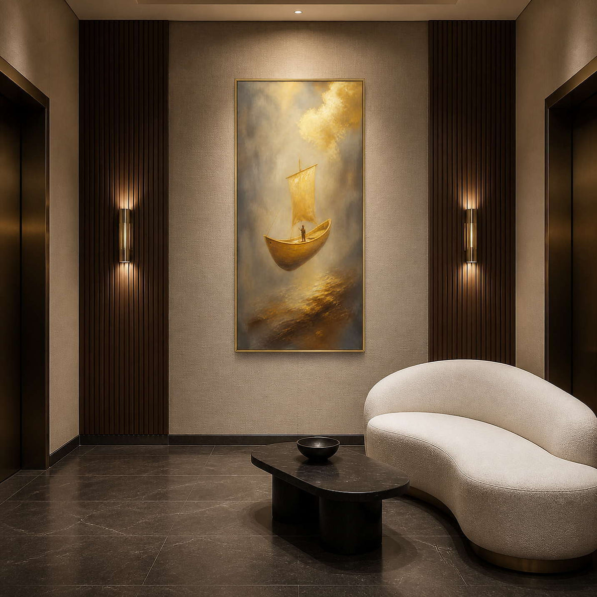 Golden coastal artwork in an elegant hotel elevator lounge.