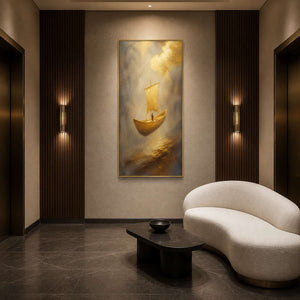 Golden coastal artwork in an elegant hotel elevator lounge.