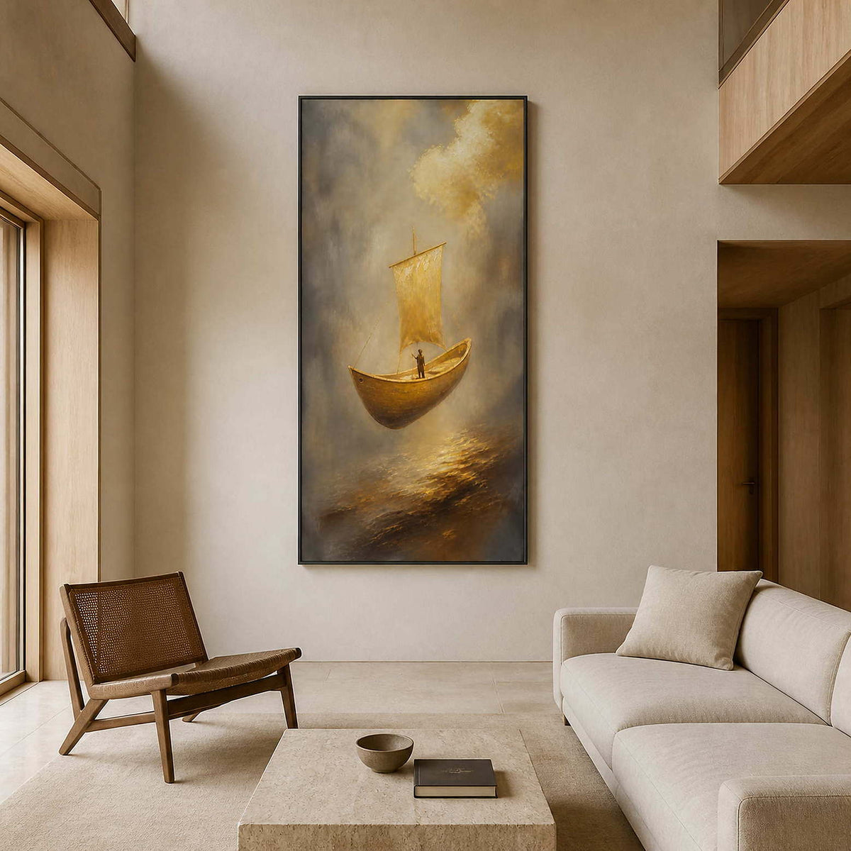 Tall golden sailboat wall art in a wabi-sabi living room.