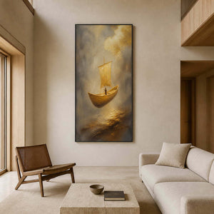 Tall golden sailboat wall art in a wabi-sabi living room.