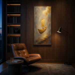 Atmospheric sailboat canvas in a dark wood reading room.