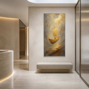 Quiet sailboat painting in a refined wellness spa reception.