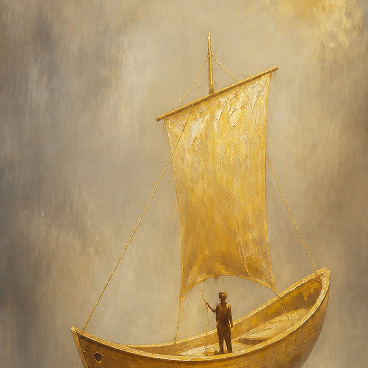 Close-up of the luminous gold sail, boat, and misted surface.