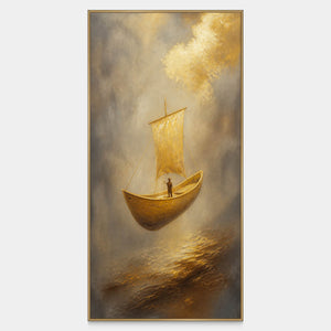 Hand-painted golden sailboat drifting through misty gray and bronze water.