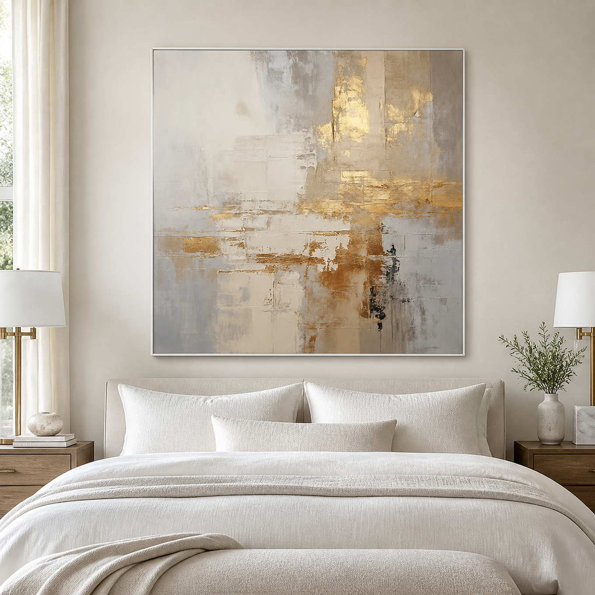 White framed neutral abstract artwork above a bed with white linen and bedside lamps.