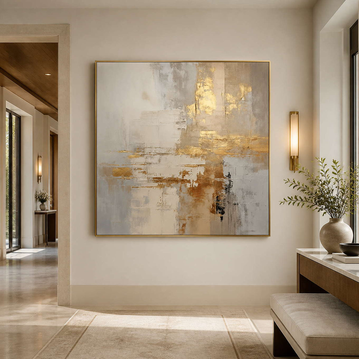 Gold framed neutral abstract artwork on a hallway wall beside a console and bench.