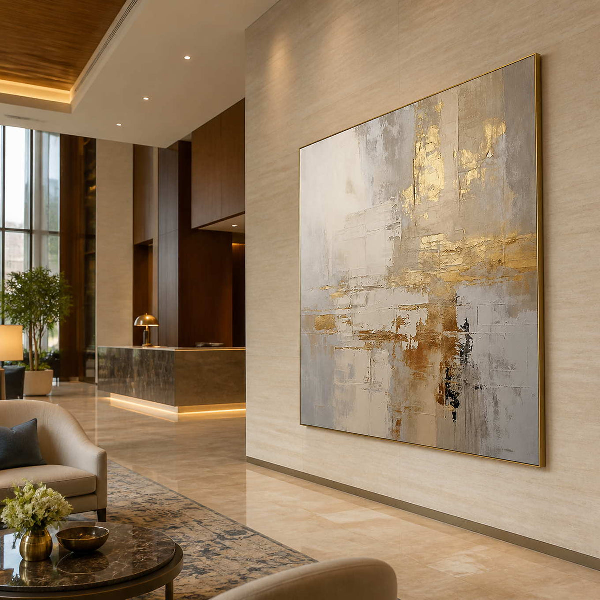 Gold framed neutral abstract artwork beside a hotel reception desk and lounge seating.