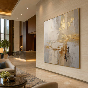 Gold framed neutral abstract artwork beside a hotel reception desk and lounge seating.