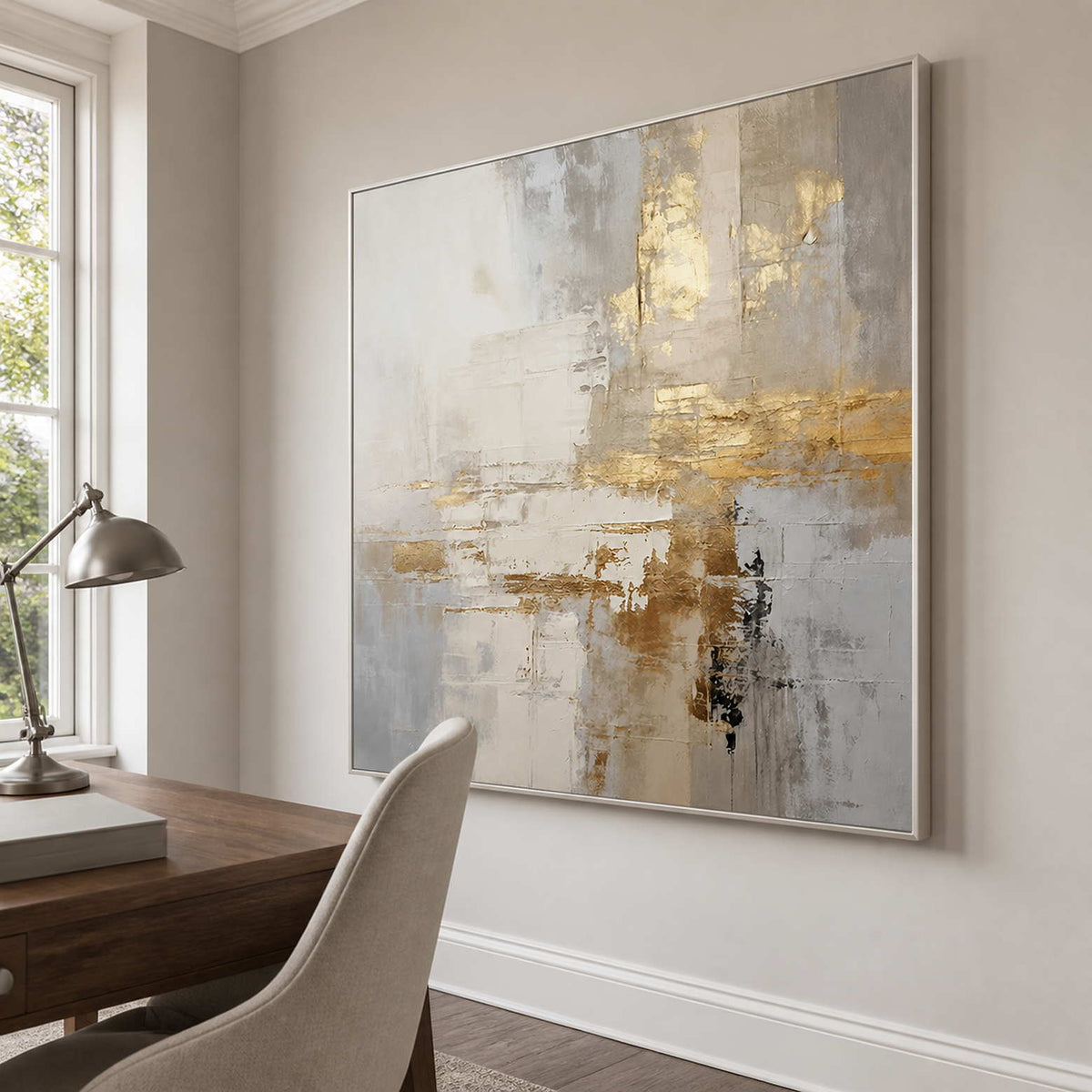 Silver framed cream and gold artwork beside a wooden desk in a bright study.