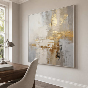Silver framed cream and gold artwork beside a wooden desk in a bright study.
