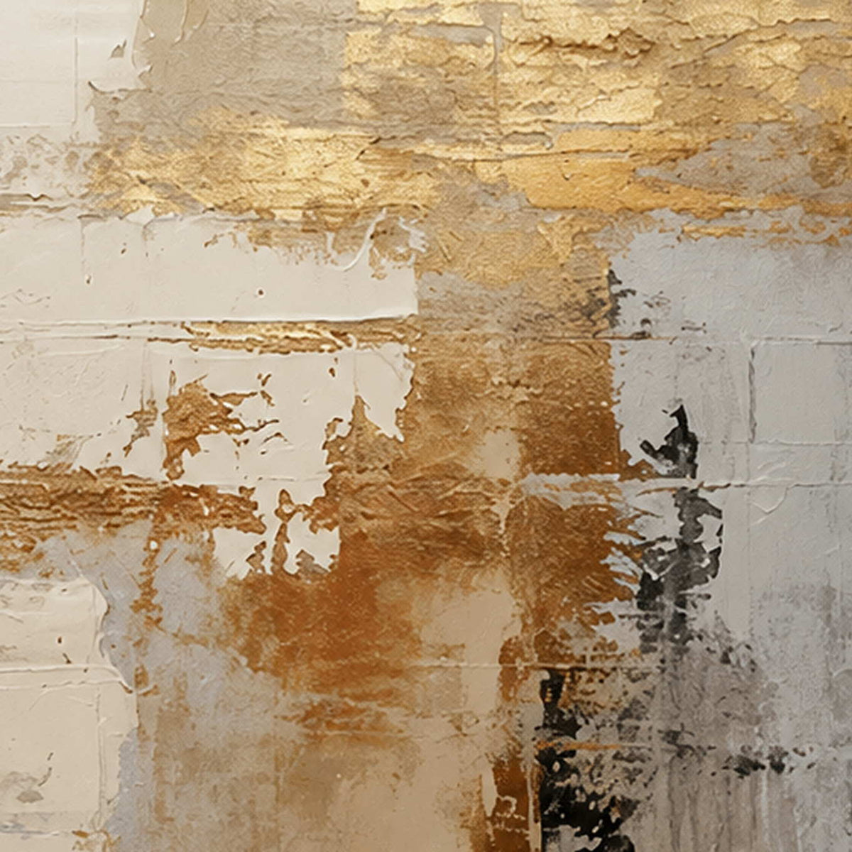 Close view of broken gold-toned marks over cream and gray layers with dark accents.