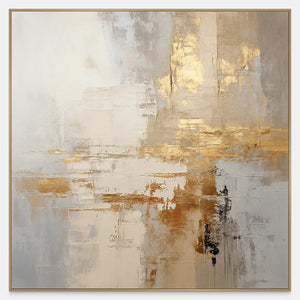 Square abstract artwork with gold-toned marks over layered cream, gray and beige.