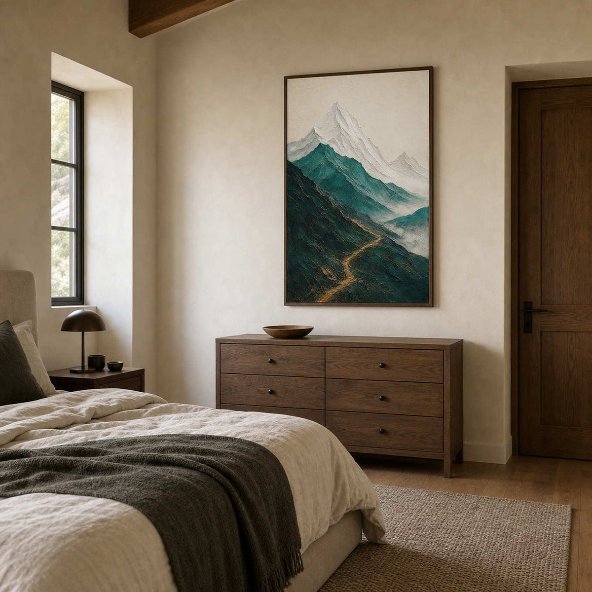Textured mountain wall art displayed in a serene primary bedroom.